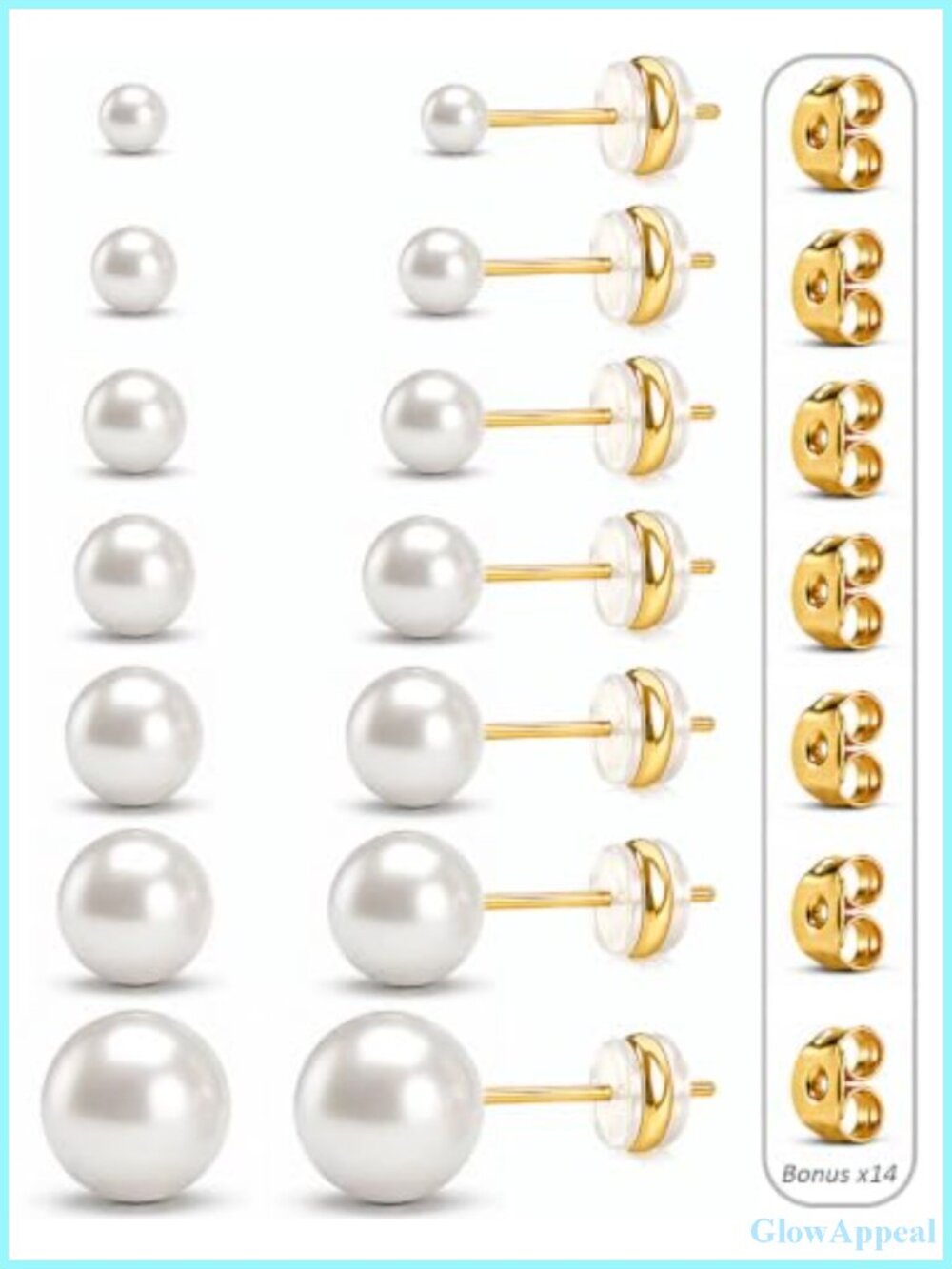 Pearl Stud Earrings Set - 7 Pairs Gold Stainless Steel